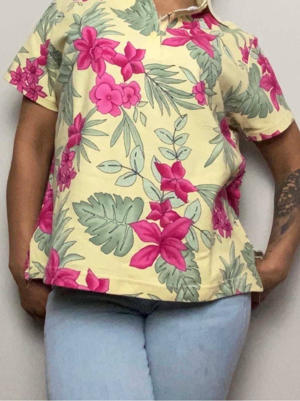 Basic Editions Yellow Floral Polo with Pink and Green Accents